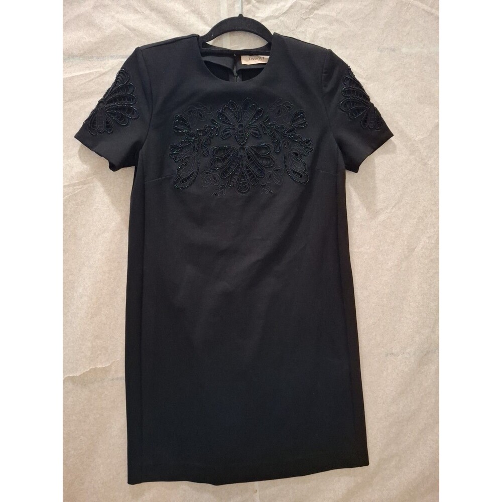 TWINSET Milano  Black Embroidered Beaded Dress Short Sleeve Women's Size 4